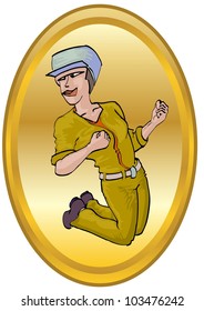  mechanic jumping happily in golden button