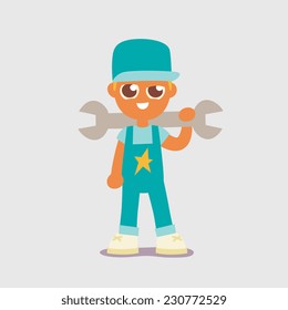 mechanic with a large wrench, cartoon flat style, isolated vector illustration. Design for stickers, logo, web and mobile app.