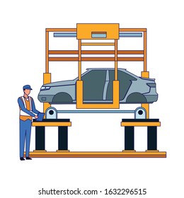 mechanic lifting a car on the machine over white background, vector illustration