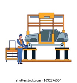 mechanic lifting a car on the machine over white background, vector illustration