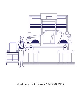 mechanic lifting a car on the machine over white background, flat design, vector illustration
