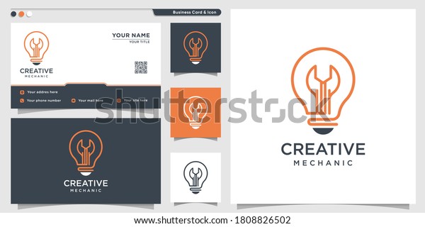 Mechanic logo with creative\
gradient line art style and business card design template Premium\
Vector