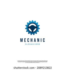 mechanic logo design concept modern. steering wheel with gear logo design on isolated background