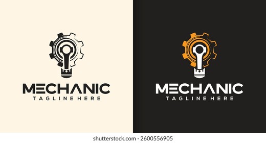 Mechanic logo design Gear, piston, lightbulb; beige, black background; business branding