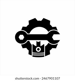 Mechanic logo design. Illustration of gear with wrench and piston.