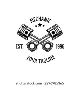 Mechanisches Logo-Design mit Kolbensymbol-Illustration in schwarz-weißer Farbe