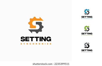 Diseños de logotipos mecánicos vectores de concepto, icono de plantilla de logotipo de sincronización de engranajes