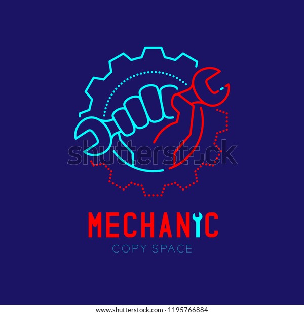 Mechanic logo\
icon, hand hold wrench in gear frame outline stroke set dash line\
design illustration isolated on dark blue background with Mechanic\
text and copy space, vector eps\
10