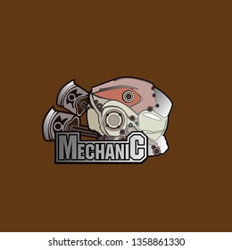 mechanic logo icon with robot helmet and engine piston for game or sport company and industry.
