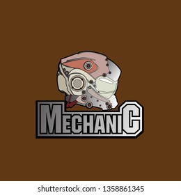 mechanic logo icon with robot helmet and engine piston for game or sport company and industry.