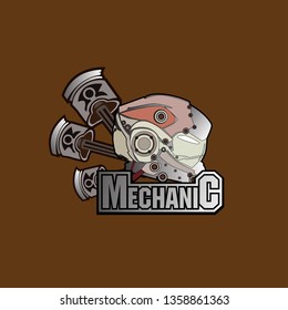 mechanic logo icon with robot helmet and engine piston for game or sport company and industry.