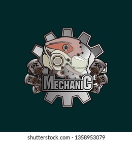 mechanic logo icon with robot helmet and engine piston for game or sport company and industry.