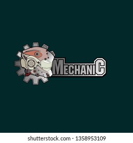 mechanic logo icon with robot helmet and cog for game or sport company and industry.