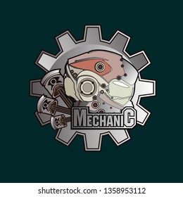 mechanic logo icon with robot helmet and engine piston for game or sport company and industry.