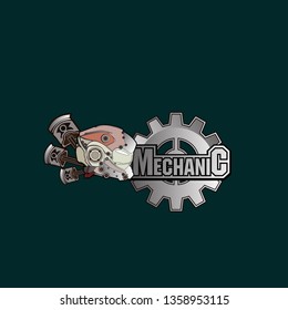 mechanic logo icon with robot helmet and engine piston for game or sport company and industry.
