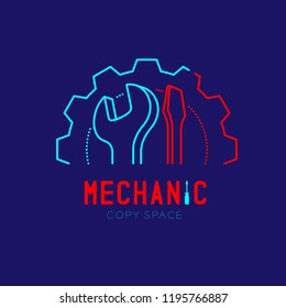 Mechanic logo icon, wrench and screwdriver in gear frame outline stroke set dash line design illustration isolated on dark blue background with Mechanic text and copy space, vector eps 10