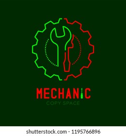 Mechanic logo icon, wrench and screwdriver in gear frame outline stroke set dash line design illustration isolated on dark green background with Mechanic text and copy space, vector eps 10