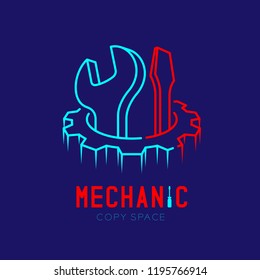 Mechanic logo icon, wrench and screwdriver in gear frame outline stroke set dash line design illustration isolated on dark blue background with Mechanic text and copy space, vector eps 10