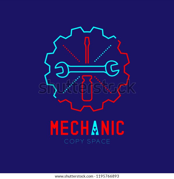 Mechanic logo
icon, wrench and screwdriver in gear frame outline stroke set dash
line design illustration isolated on dark blue background with
Mechanic text and copy space, vector eps
10