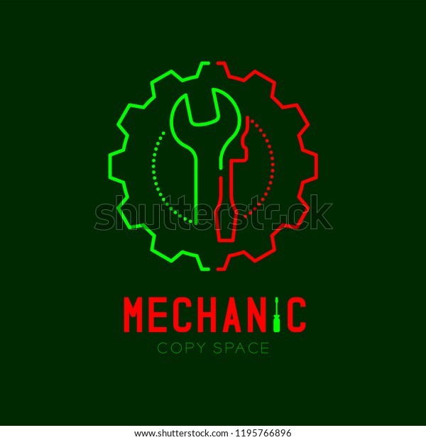 Mechanic\
logo icon, wrench and screwdriver in gear frame outline stroke set\
dash line design illustration isolated on dark green background\
with Mechanic text and copy space, vector eps\
10