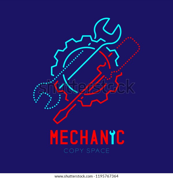 Mechanic logo
icon, wrench and screwdriver in gear frame outline stroke set dash
line design illustration isolated on dark blue background with
Mechanic text and copy space, vector eps
10