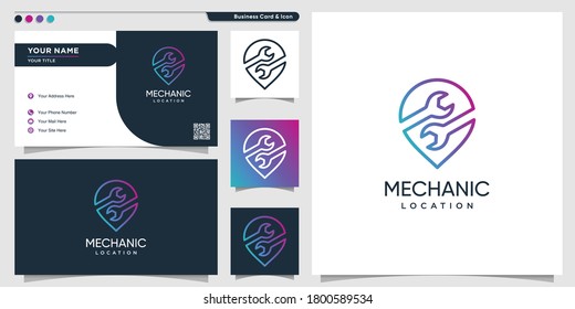 Mechanic logo location with gradient line art style and business card design template Premium Vector