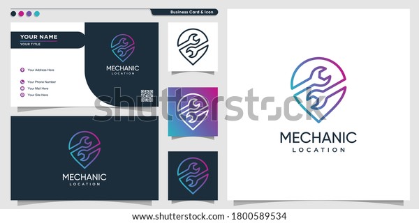 Mechanic logo location with\
gradient line art style and business card design template Premium\
Vector