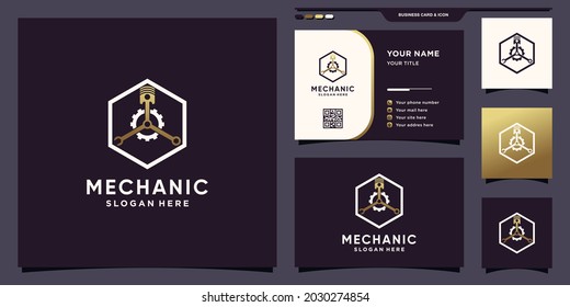 Mechanic Logo With Piston, Gear And Wrench Concept And Business Card Design Premium Vector