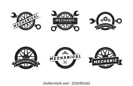 Mechanic Logo Set, Workshop Repair Icon, Tire Wheel Icon Vintage Template.