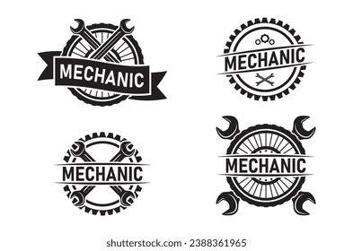 Mechanic Logo Set, Workshop Repair Icon, Vintage Template of Tire Wheel Icon and Workshop Wrench.