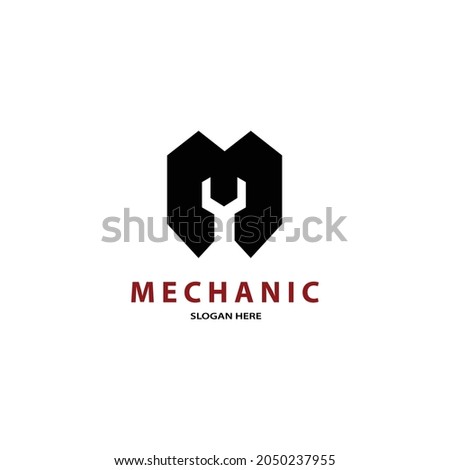 Mechanic logo simple. Letter M and wrench icon.