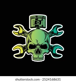 Mechanic logo with skull, pistons and crossed wrenches. Original vector illustration in vintage style isolated on black background. T-shirt design. Hand drawn, not by AI!