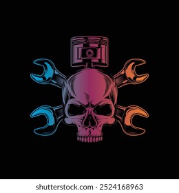 Mechanic logo with skull, pistons and crossed wrenches. Original vector illustration in vintage style isolated on black background. T-shirt design. Hand drawn, not AI