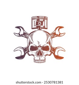 Mechanic logo with skull, pistons and crossed wrenches. Original vector illustration in vintage style isolated on white background. T-shirt design. Hand drawn, not AI