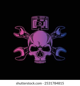 Mechanic logo with skull, pistons and crossed wrenches. Original vector illustration in vintage style isolated on black background. T-shirt design. Hand drawn, not AI