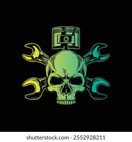 Mechanic logo with skull, pistons and crossed wrenches. Original vector illustration in vintage style isolated on black background. T-shirt design. Hand drawn, not AI