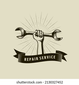 Ilustración mecánica del logotipo vectorial en estilo vintage, concepto del logotipo del servicio de reparación de coches. Logotipo pintado a mano para taller de servicio de automoción, servicio de reparación, taller mecánico