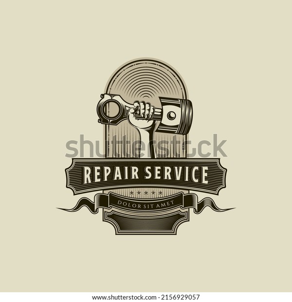 Mechanic logo vector illustration in vintage\
style, car repair service logo Design with Piston Element. Hand\
drawn vintage logo for automotive service workshop, repair service,\
mechanic workshop