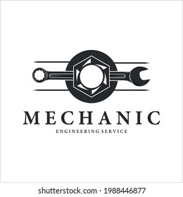 mechanic logo vintage vector illustration template label icon design. wrench and bolt logo for professional engineer concept design