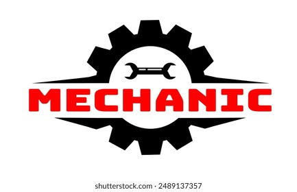 mechanic logo with wrench and ge. Minimalist Spanner Wrench Gear Logo, Engineering Mechanical Tools Design Vector silhouette. Automotive industry logo with wrench element