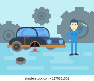 mechanic look ready for work in car repair shop. flat design people vector illustration.