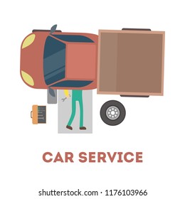 Mechanic lying under car and repairing automobile with tools. Car service concept. Professional worker fixing engine. Isolated flat vector illustration
