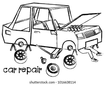 Mechanic lying and working under car at the repair garage. Flat cartoon vector illustration design.