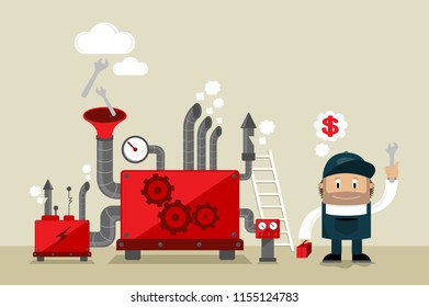 Mechanic with machine and spanners cartoon vector illustration