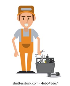 mechanic man cartoon tools kit auto rapair service maintenance icon. Colorful illustration. Vector graphic