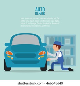 mechanic man cartoon vehicle car auto rapair service maintenance icon. Colorful illustration. Vector graphic