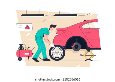 Mechanic man change tire on automobile in service station vector illustration. Fix car in garage flat style. Pit stop, maintenance concept