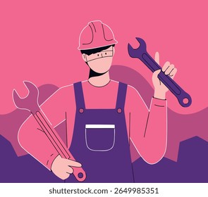 Mechanic man with gloves and tools, vibrant and vector style.