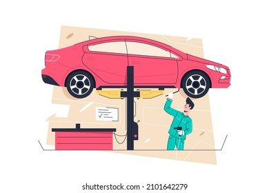 Mechanic man lift car in air with special mechanism vector illustration. Qualified handyman fix machine flat style. Service center concept