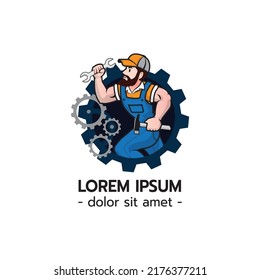 Mechanic Man Logo, Handyman for Service, Repairman or Maintenance Mascot Concept Cartoon Character Design Isolated on White Background Vector Illustration